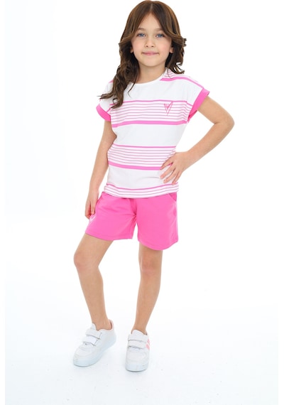 Toontoy Kids Toontoy Kız Çocuk 2'li Takım Baskılı Bisiklet Yaka T-shirt & Beli Lastikli Cepli Şort Mercan