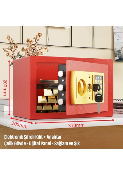 20'lik Elektronik Şifreli Ve Anahtarlı Çelik Para Kasası Dijital Panelli, 31 20 20 Cm Kırmızı