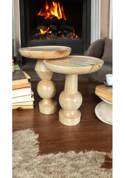 Wood Ahşap 2'li Set Fitilli Mantar Yan Sehpa Modern Fiskos / Naturel Renk / Zigon Sehpa Vernikli Naturel