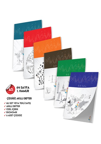 Çizgisiz Not Defteri 64 Sayfa Akıllı Defter Seti 6lı A5 Tam Beyaz Koyu Mavi, Kırmızı, Turuncu, Kahverengi, Mavi, Yeşil