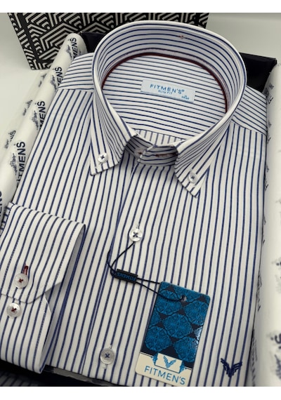 Slim Fit Uzun Kol Premium Çizgili Yaka Düğmeli Hediye Kutulu Erkek Gömlek Fs-004440 - Saks Mavi-3176
