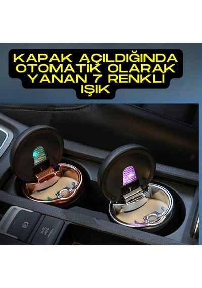 Carub Araç İçi Küllük Porselen + Abs 7 Renk Işıklı Kapaklı Yanmaz Koku Geçirmez Krom Siyah Renk Br2944644