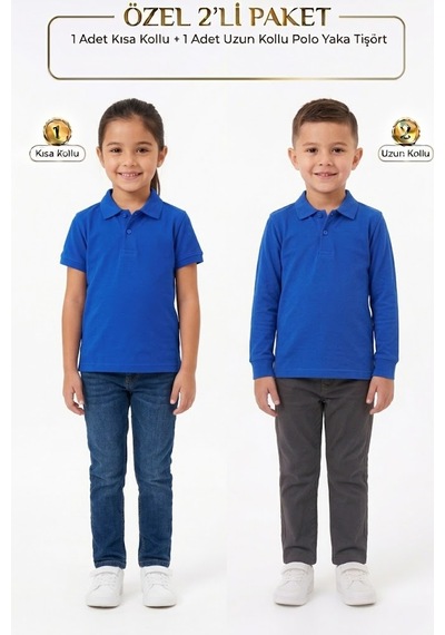 Nacar Store Unisex Çocuk Uzun Ve Kısa Kollu Polo Yaka Okul Tişörtü 2'li Set Saks Mavi