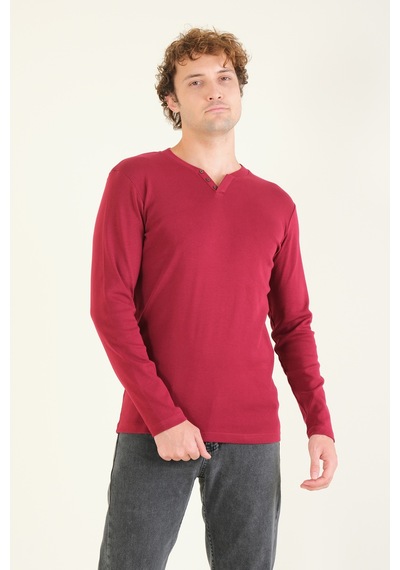 Giyim Dünyası Erkek Sıfır Yaka Düğmeli Uzun Kol Sweatshirt Bordo 001