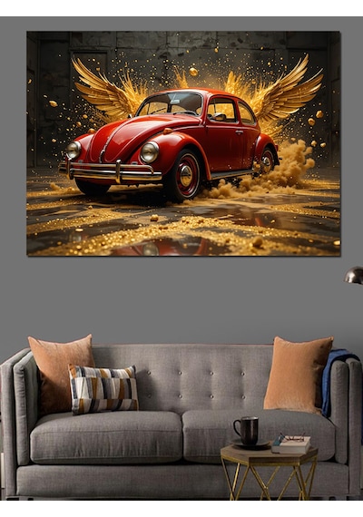 Altın Volkswagen Beetle Dekoratif Kanvas - Mdf Ahşap Tablo