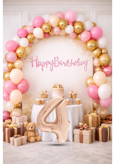 4 Yaş Pompa Hediyeli Doğum Günü Seti Banner Gold Pembe Kum Beji Beyaz Balonlar Rose Gold Rakam Çok Renkli
