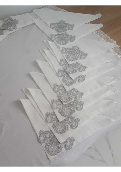 Batik Gümüş Dantelli Pamuk Kumaş Beyaz Mutfak Takımı 17 Parça 442 Beyaz