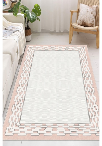 Çerçeveli Modern Kaymaz Taban Makinede Yıkanabilir Halı Oturma Odası Salon Halı Koridor Halı Pembe