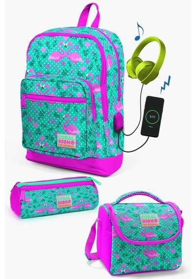 Coral High Kids Su Yeşili Pembe Flamingo Desenli Usb'li 3 Lü Okul Çanta Seti Set0123812 Çok Renkli