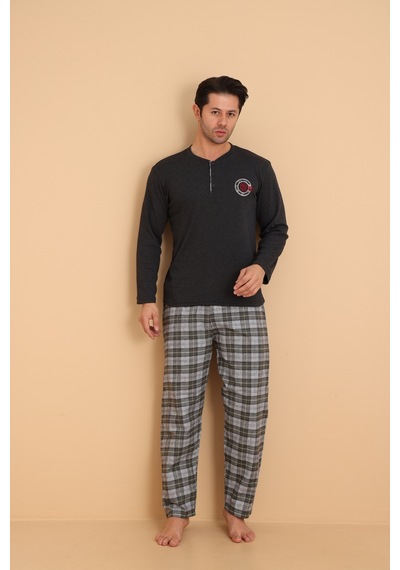 Wordex Flk 7014 İnterlok Kışlık Ekose Pijamalı Erkek Pijama Takımı Antrasit