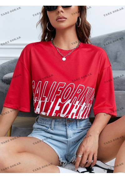 Flood Of Style Crop Ckod-232913 Grafikli Düşük Omuz Kısa Kırmızı