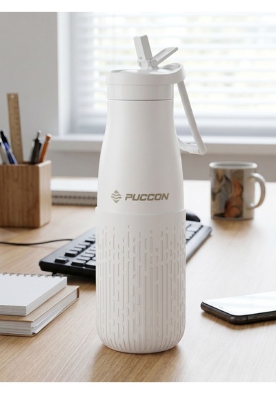 Puccon Pipetli 500 Ml Beyaz Paslanmaz Çelik Matara/suluk - Silikon Gövde Yağmur - 50013