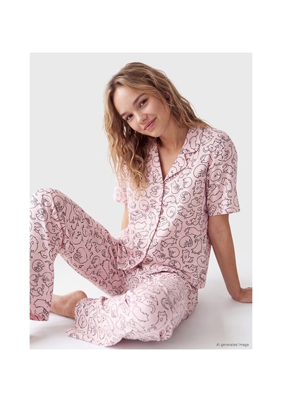 Lcw Dream Pembe Kedi Desenli Kadın Pijama Takım