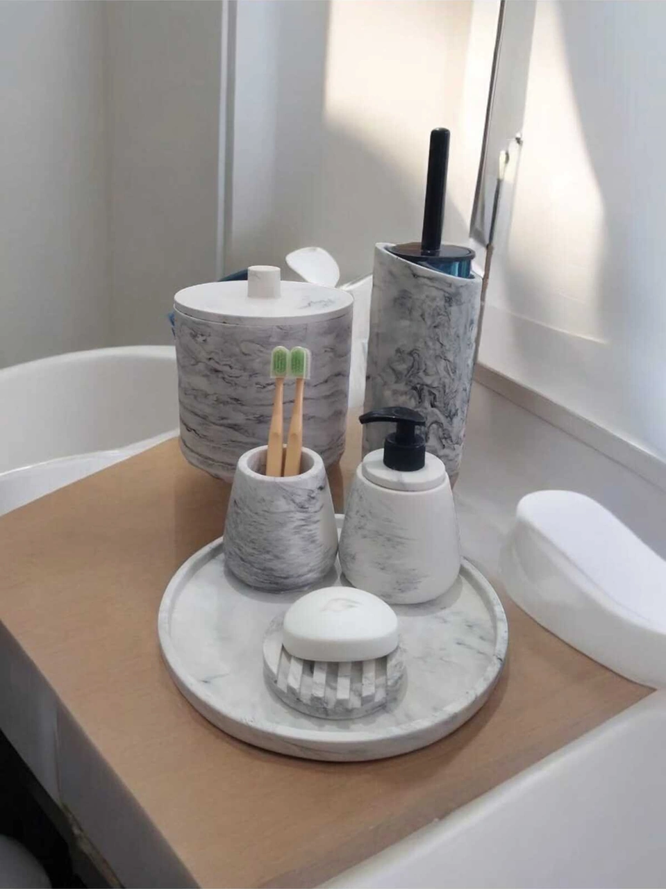 Mermer Desen Beton Banyo Seti,tuvalet Wc,çöp Kovası, Sabunluk,tepsi,mumluk,aksesuar,dekorasyon Gri