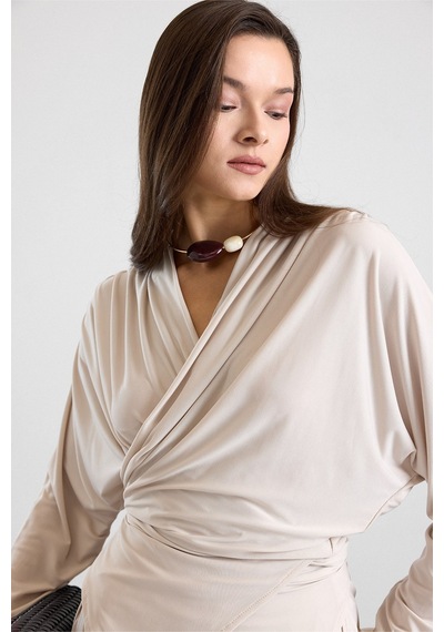 Olcay Asimetrik Kesim Şalvar Pantolon Kimono Takım Bej 9475-tk