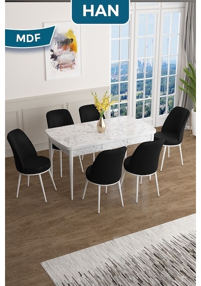 Canisa Han Serisi, 70x114 Açılabilir Mdf Masa Takımı, Beyaz Mermer Desen Masa Ve 6 Siyah Sandalye Masa Beyaz Mermer Sandalyeler Siyah Canisa Han Serisi, 70x114 Açılabilir Mdf Masa Takımı, Beyaz Mermer Desen Masa Ve 6 Siyah Sandalye Masa Beyaz Mermer Sandalyeler Siyah