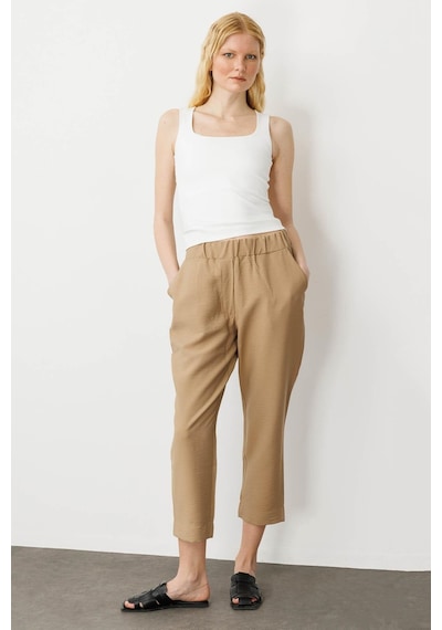 Kadın Beli Lastikli Yan Cepli Havuç Kesim Keten Pantolon Camel Camel