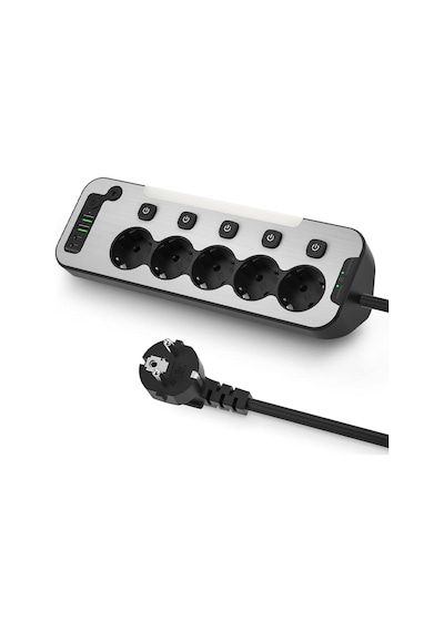Bağımsız Anahtarlı 5'li Işıklı Akım Korumalı Çoklu Priz 4000w, 2x Usb - 2x Type-c Giriş, Metal Ön Panel Uzat 0