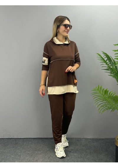 Meleners Kadın Kahve Kapşonlu Etek Ucu Detay Arma Ters Dikiş Gorunumlu Ikili Takım Meleners Kadın Kahve Kapşonlu Etek Ucu Detay Arma Ters Dikiş Gorunumlu Ikili Takım