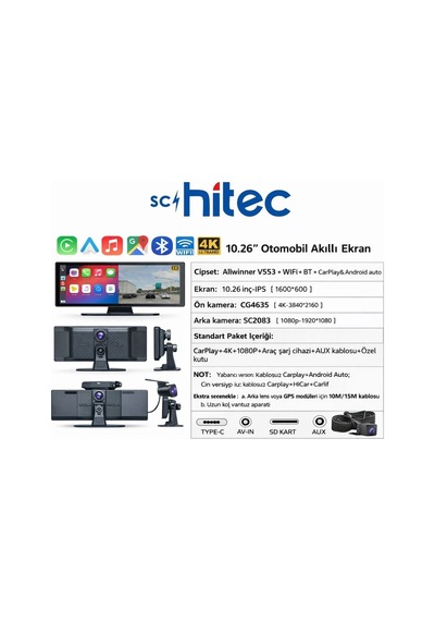 Schitec 4k Ultra Araç İçi Akıllı Ekran Ön Ve Arka Kameralı, Kablosuz Carplay Ve Android Auto Destekli 10.26 Yk3507