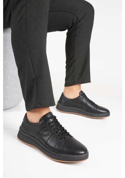 Fame Step Hakiki Deri Erkek Casual Ayakkabı Comfort Bağcıklı Ortopedik Günlük Rahat Taban Siyah Sneaker Verona