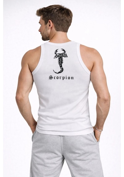 Novalisse Erkek Fitilli Atlet Sıfır Yaka Slim Fit Arka Baskılı Spor Atlet - Beyaz Çoklu Renk