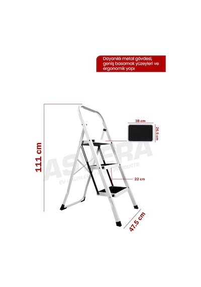 Asvera Space 3 Basamaklı Ev Tipi Metal Merdiven - Katlanır Geniş Kaymaz Mutfak Ve Ev Merdiveni Slim
