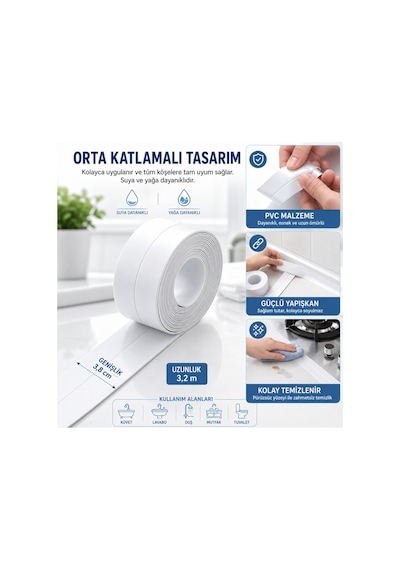 3,2m Su Geçirmez Sızdırmazlık Bandı Küvet Lavabo Duş Mutfak Kenar Bandı Yapışkanlı Pvc