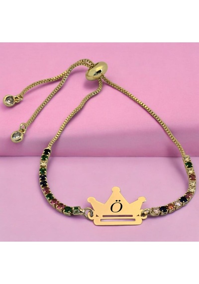 Ö Harfine Özel Renkli Taş Desenli Taç Motifli 14 Ayar Altın Plakalı Hediye Bileklik-489harf Ö