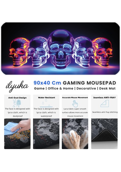 90x40cm Bright Skull Xxl Büyük Boy İlyuka Gaming Oyuncu Mousepad