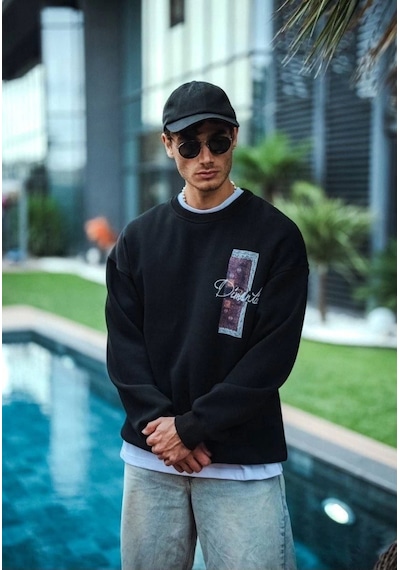 Uzun Kol Bisiklet Yaka Ön Ve Arka Baskılı Sweatshirt - Siyah Siyah