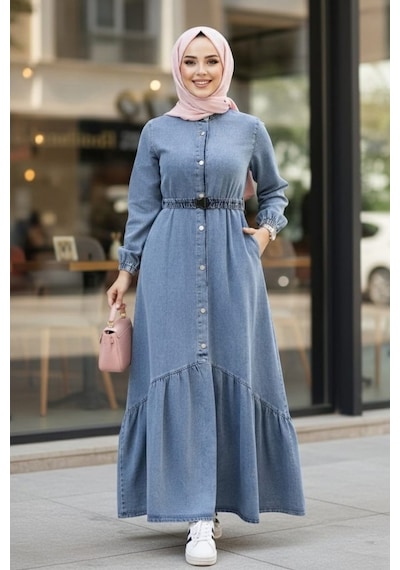 Hb Harma Time Butik Kadın Düğmeli Kuşaklı Koyu Mavi Kot Elbise Koyu Mavi Koyu Mavi
