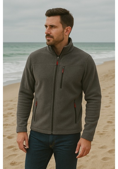 Luxıc Core Erkek Koyu Gri Fermuarlı Polar Dik Yaka, Cepli, Günlük & Outdoor Kullanım