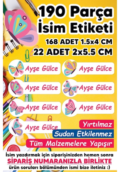 Okul Etiketi Kalem Defter Etiketi Kelebek Temalı Özel Isim Yazılabilen Etiket - 190 Adet