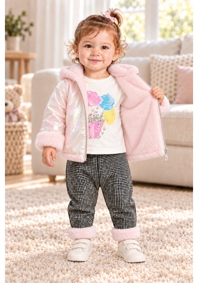 Ahengim Kız Bebek 3 Parça Takım Peluş Detaylı Kapüşonlu Parlak Mont Baskılı Üst Desenli Pantolon Ak1019 Pembe Ahengim Kız Bebek 3 Parça Takım Peluş Detaylı Kapüşonlu Parlak Mont Baskılı Üst Desenli Pantolon Ak1019 Pembe