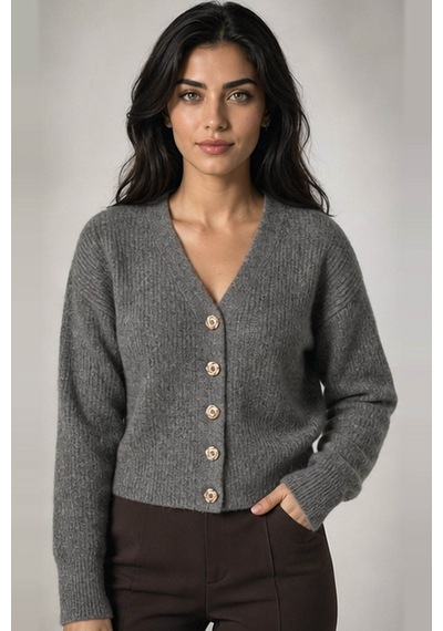 Fashion Friends V Yaka Düğmeli Antrasit Kadın Hırka 26k0234k1