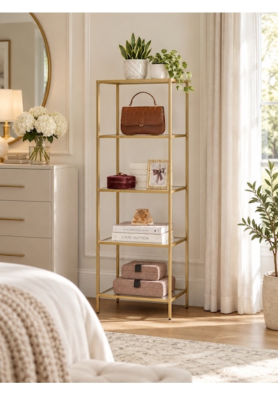 Teknor Gold Çerçeveli Şeffaf Cam Modern Salon Kitaplığı 40 Cm
