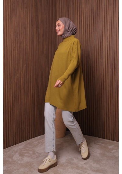 Balenbi Kadın Dik Yaka Basic 80cm Salaş Oversize Triko Tunik 1145 Hardal