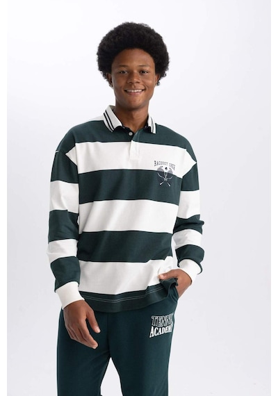DeFactoFit Boxy Fit Çizgili Uzun Kollu Polo Tişört A9874AX23WNGN796