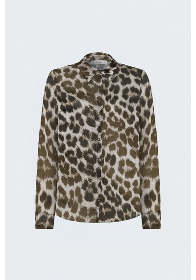 Sateen Leopar Desenli Klasik Gömlek - Kahve-137906