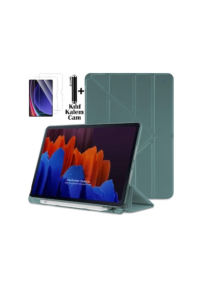 Lenovo Idea Tab Pro 12.7 Inç 2025 Tablet Kılıf Kalem Bölmeli Standlı Silikon Kapak + Ekran Koruyucu Cam Set