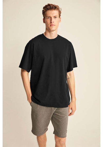 Grımelange Grımelange Jett Erkek Oversize Fit %100 Organik Pamuk Kalın Dokulu Bisiklet Yakalı Siyah T-shirt Siyah