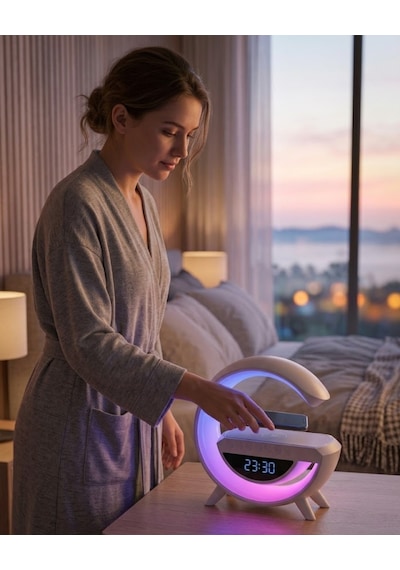 Muratech Çok Fonksiyonlu Kablosuz Şarjlı Saat Hoparlör Rgb Işık Ve Alarm Özellikli