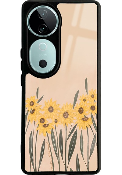 Vivo V40 Watercolor Sunflower Tasarımlı Glossy Telefon Kılıfı Siyah