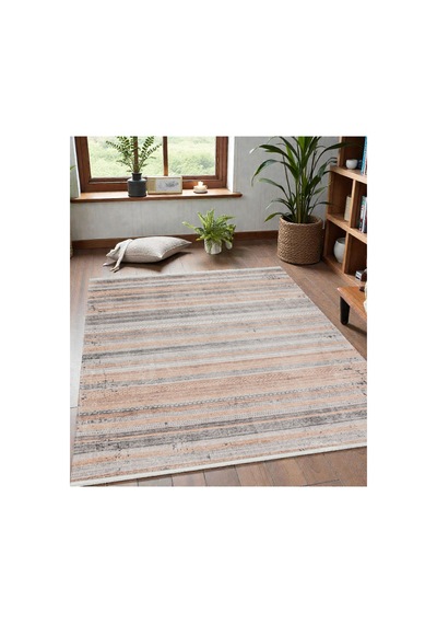 Outdoor & Indoor Kilim Bej Gri Çizgili Minimal Tasarım Kaymaz Taban Bej Bej