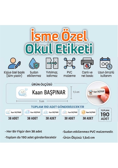 Kapbirhediye Okul Etiketi Isme Özel Kalem Defter Etiketi Bulut Temalı 190 Adet Çok Renkli