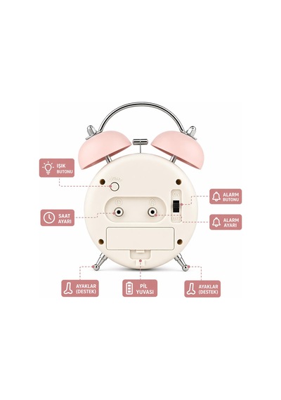 Valkyrie Retro Çalar Saat Işıklı Analog Masa Saati Dekoratif Komodin Saati Bombe Kapaklı 15x10 Pembe