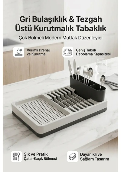 Gri Bulaşıklık Tabaklık Bardaklık Kaşıklık Tezgah Üstü Mutfak Organizeri Standı Diğer