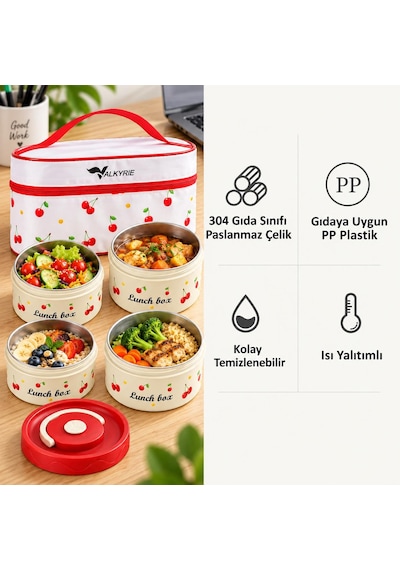 Valkyrie 4 Katlı Kirazlı Yemek Termosu 2040 Ml 304 Paslanmaz Çelik Lunch Box Isı Yalıtımlı Çantalı Kırmızı