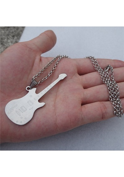 Herşey Nota Gitar Kolye Gümüş & Deri Zincir Gümüş